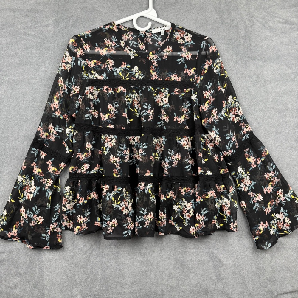 RO&DE Black Floral Bell‎ Sleeve Tiered Lace Trim Sheer Boho Blouse XS